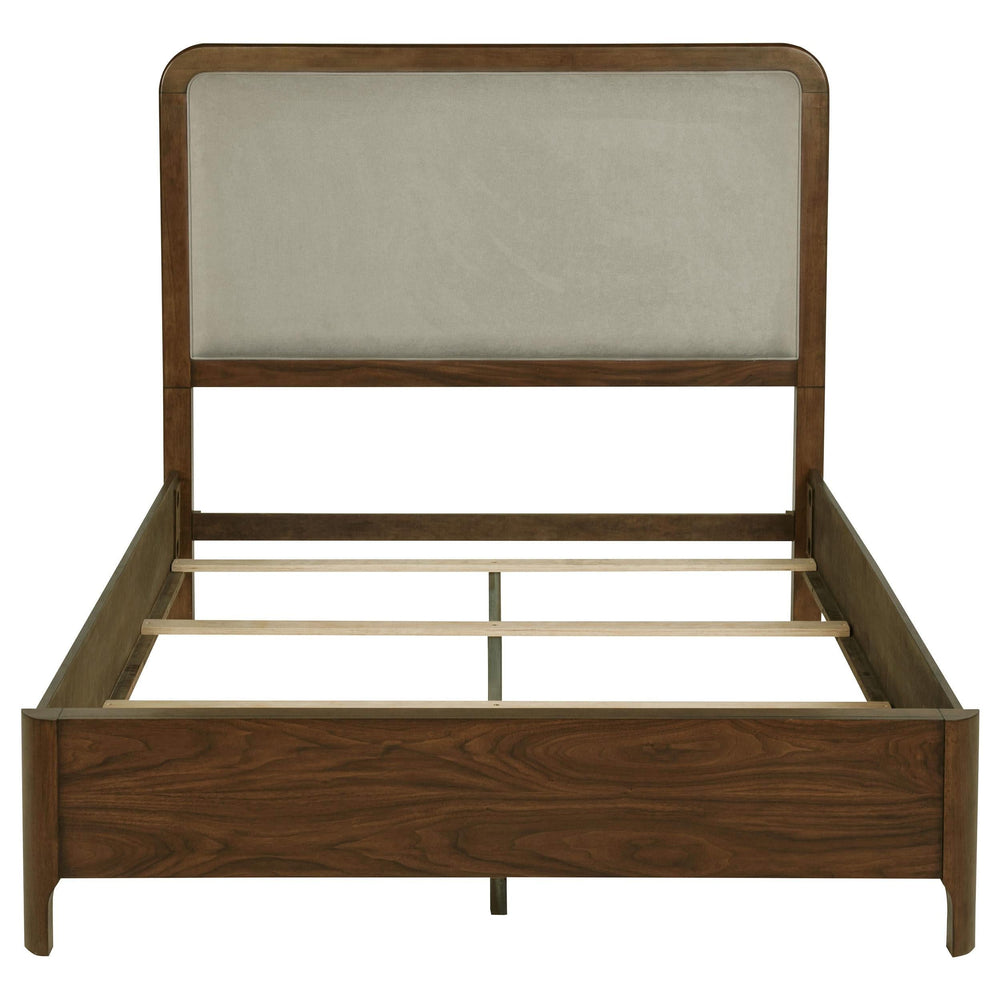 Cama Queen tapizada Maderia de 57 pulgadas con paneles en nogal