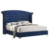 Cama California King con respaldo alto tapizada Melody, color azul Pacífico