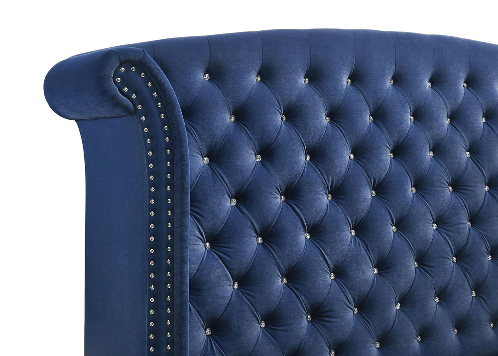 Cama California King con respaldo alto tapizada Melody, color azul Pacífico