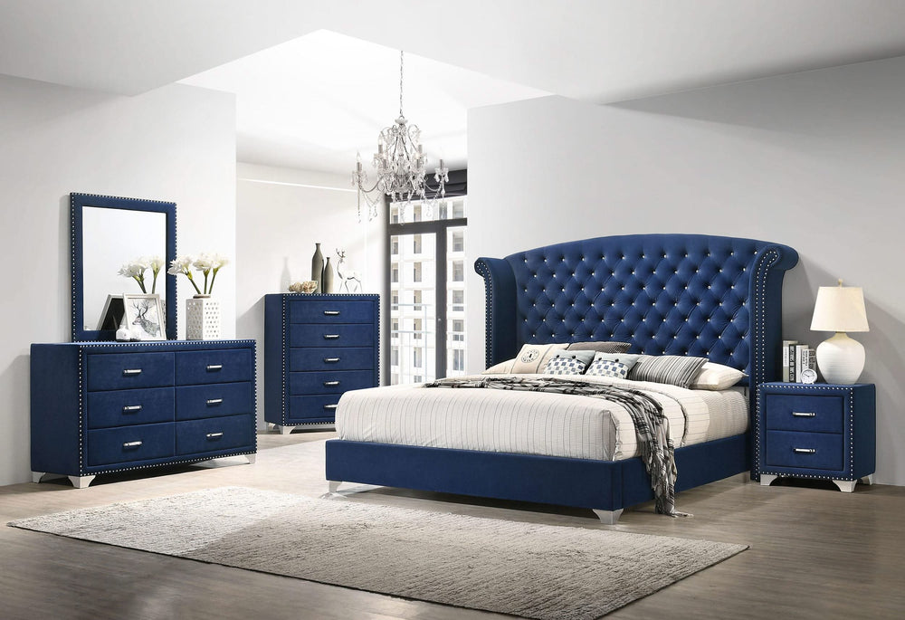 Cama California King con respaldo alto tapizada Melody, color azul Pacífico