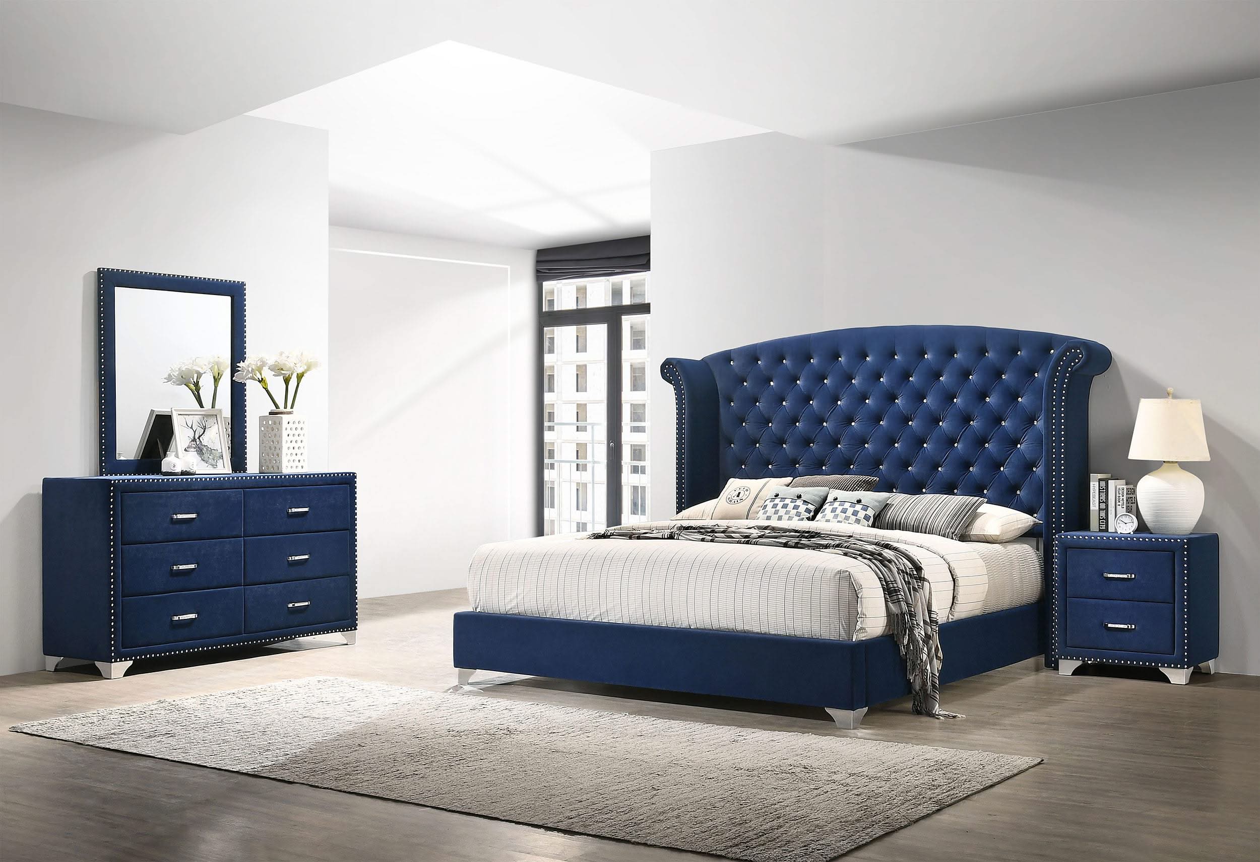 Juego de dormitorio Melody de 4 piezas, tamaño Queen, azul Pacífico