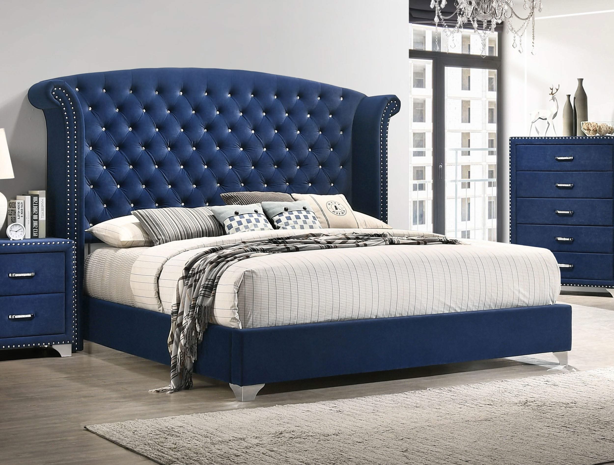 Melody Upholstered Queen Wingback Bed Pacific Blue