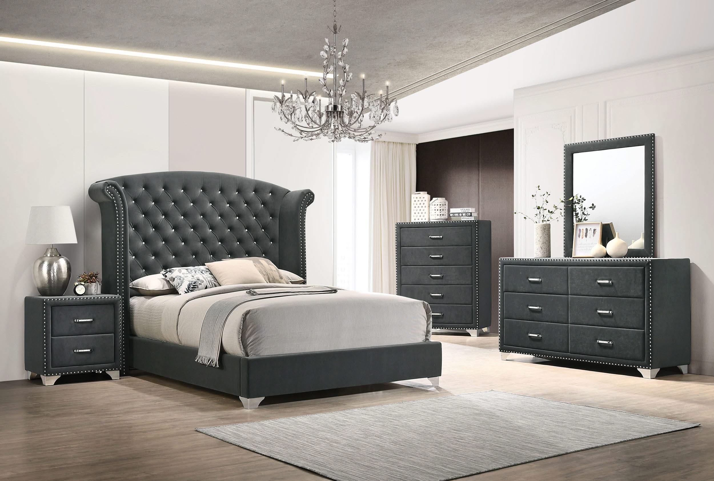 Juego de dormitorio Melody de 5 piezas tamaño Queen en gris