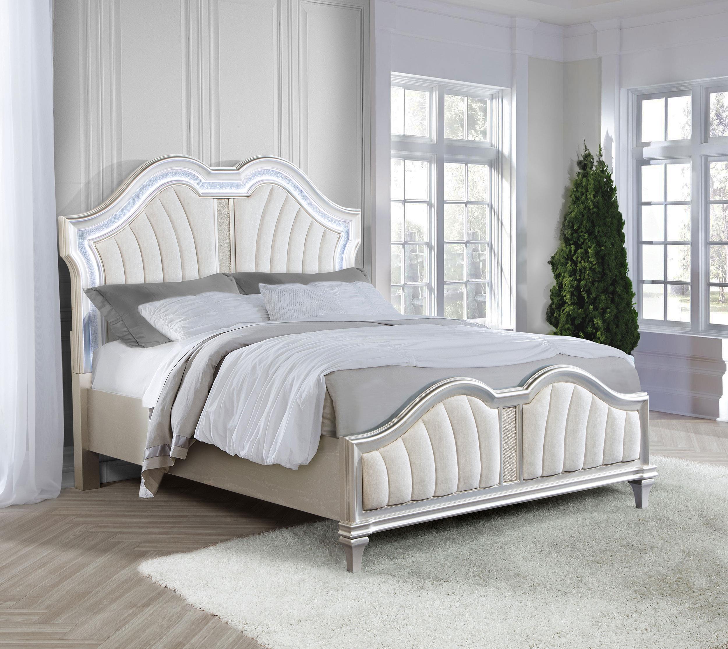 Evangeline Wood Queen LED Panel Bed Silver Oak