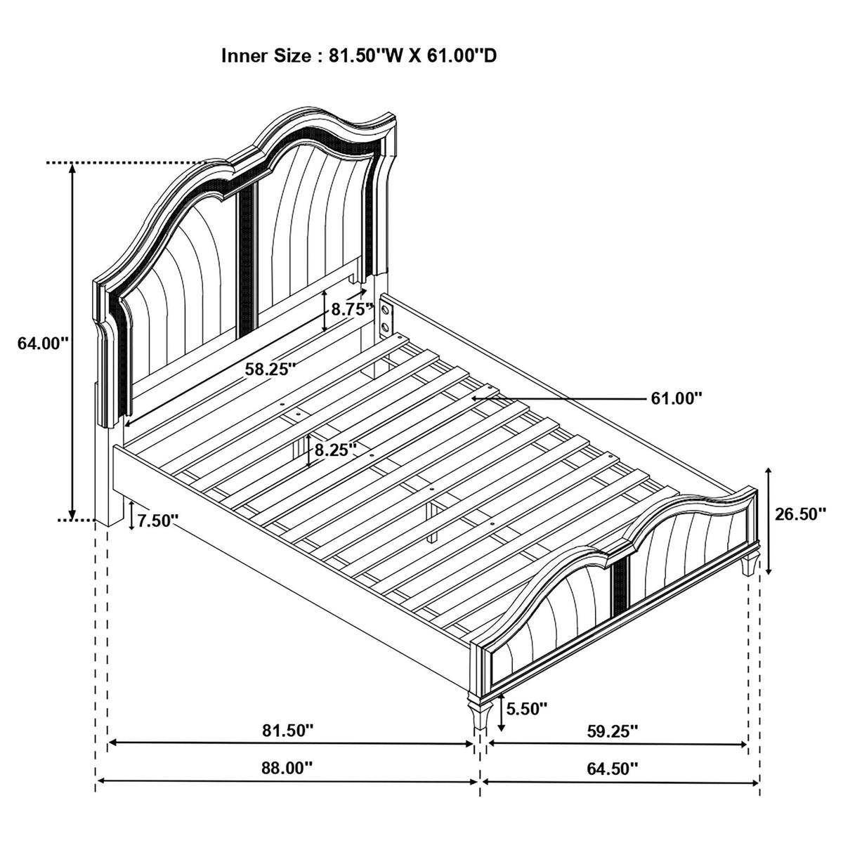 Cama Queen con paneles LED Evangeline Wood de roble plateado