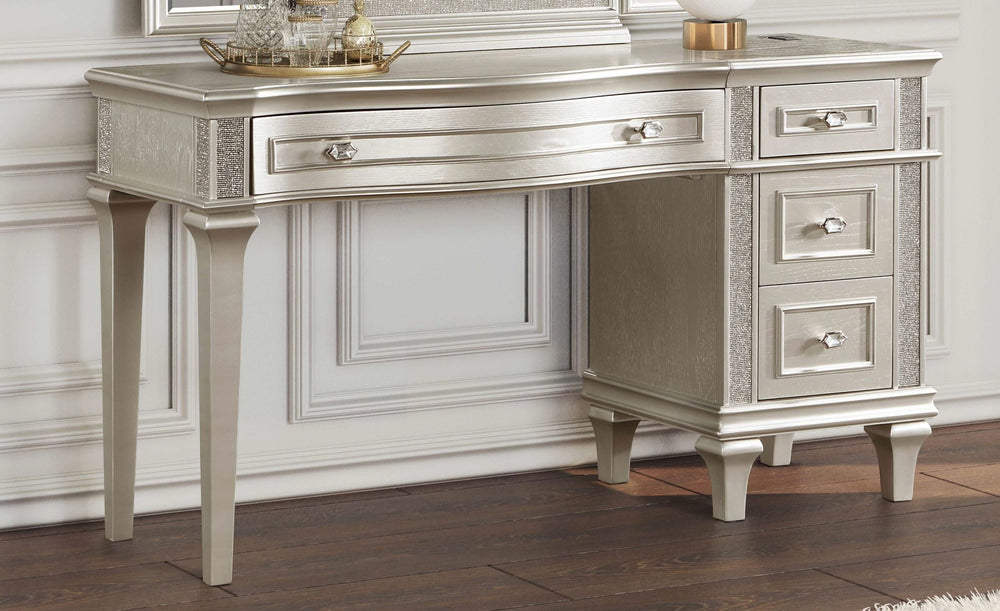 Tocador Evangeline de 4 cajones, mesa de maquillaje de roble plateado