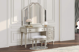 Tocador Evangeline de 4 cajones, mesa de maquillaje de roble plateado