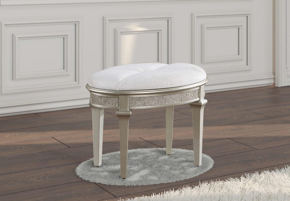Taburete de tocador ovalado tapizado Evangeline en plata y marfil