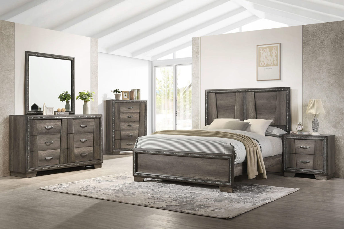 Cama Janine Wood Eastern King con paneles en gris