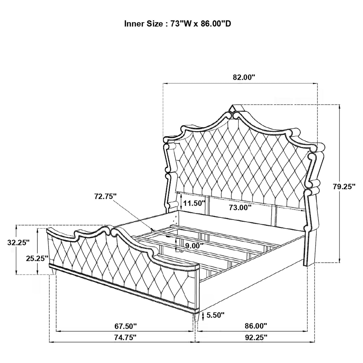 Cama tapizada Antonella California King con paneles en gris