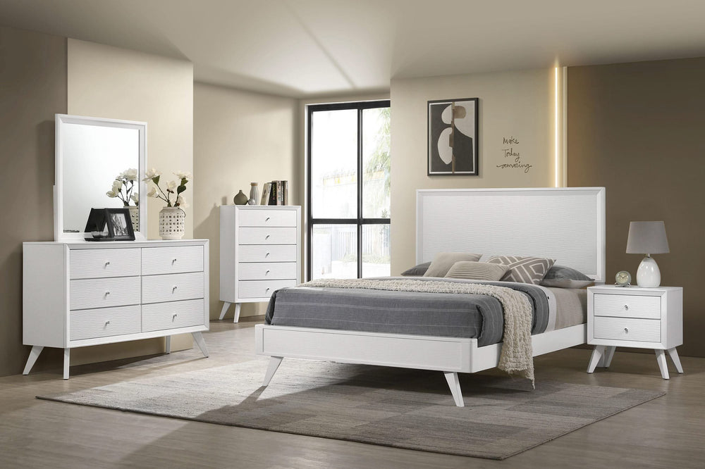 Cama California King con paneles Janelle Wood, color blanco