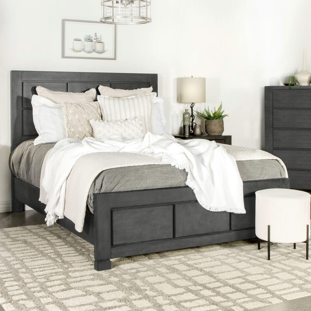 Cama California King con paneles Lorenzo Wood, gris oscuro