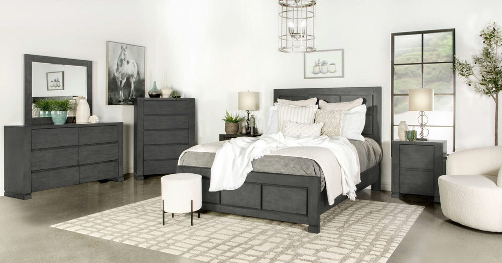 Cama California King con paneles Lorenzo Wood, gris oscuro