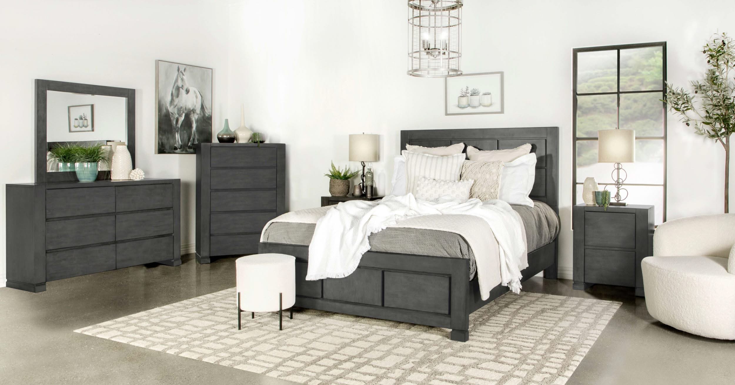 Cama California King con paneles Lorenzo Wood, gris oscuro