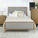 Cama Arini tapizada con paneles estilo oriental, tamaño king, en tonos arena y gris