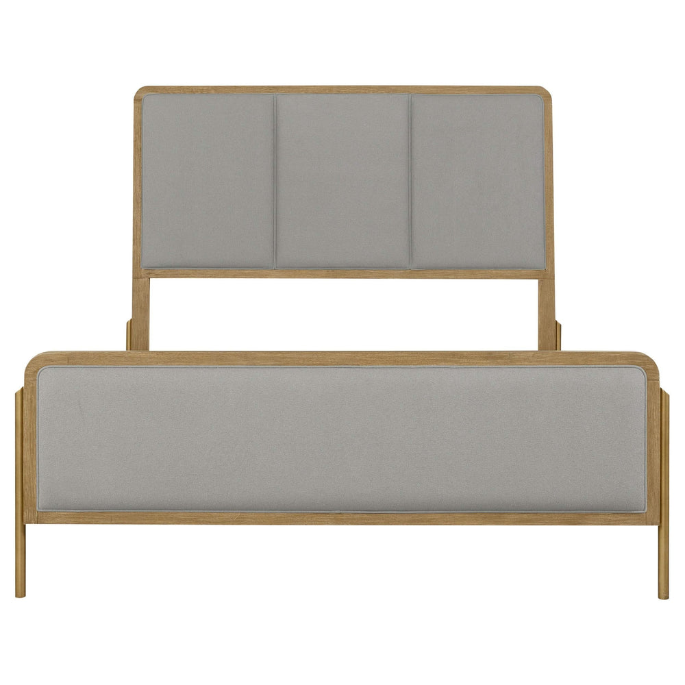 Cama Arini tapizada con paneles estilo oriental, tamaño king, en tonos arena y gris