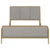 Cama Arini tapizada con paneles estilo oriental, tamaño king, en tonos arena y gris