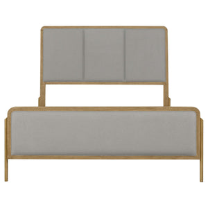 Cama Arini tapizada con paneles estilo oriental, tamaño king, en tonos arena y gris