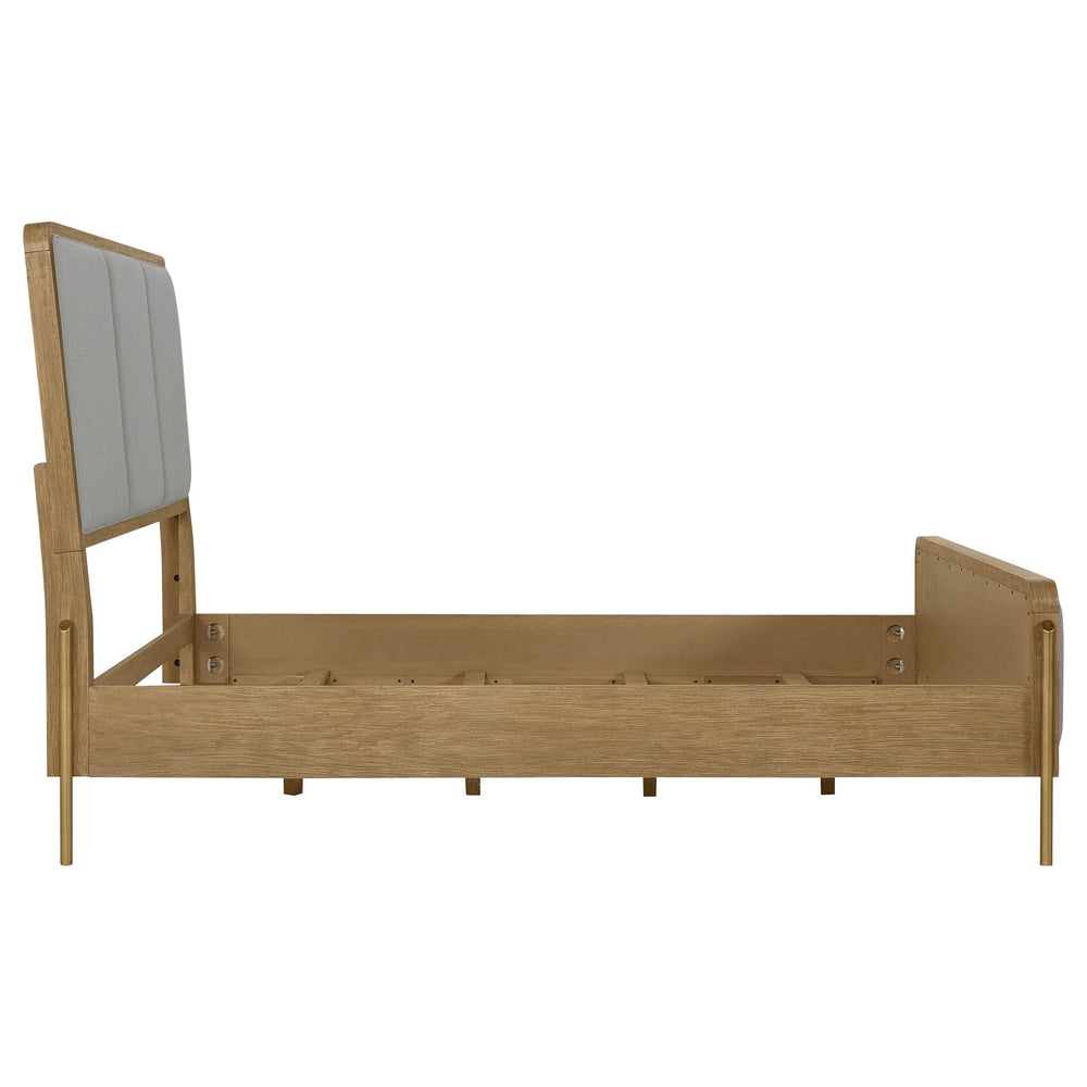 Cama Arini tapizada con paneles estilo oriental, tamaño king, en tonos arena y gris