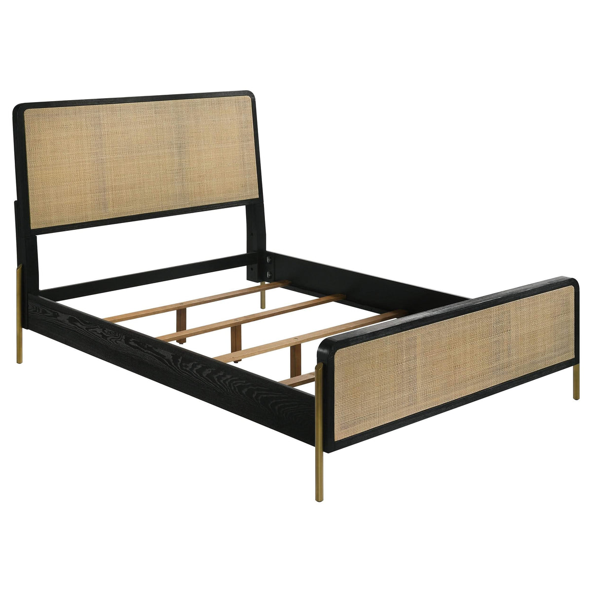 Cama Queen con paneles de ratán Arini en negro y natural