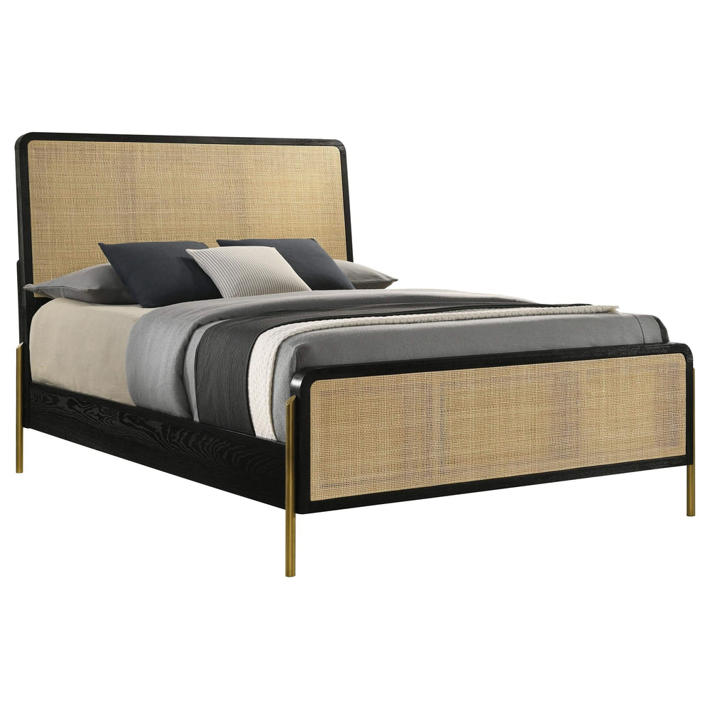 Cama Queen con paneles de ratán Arini en negro y natural