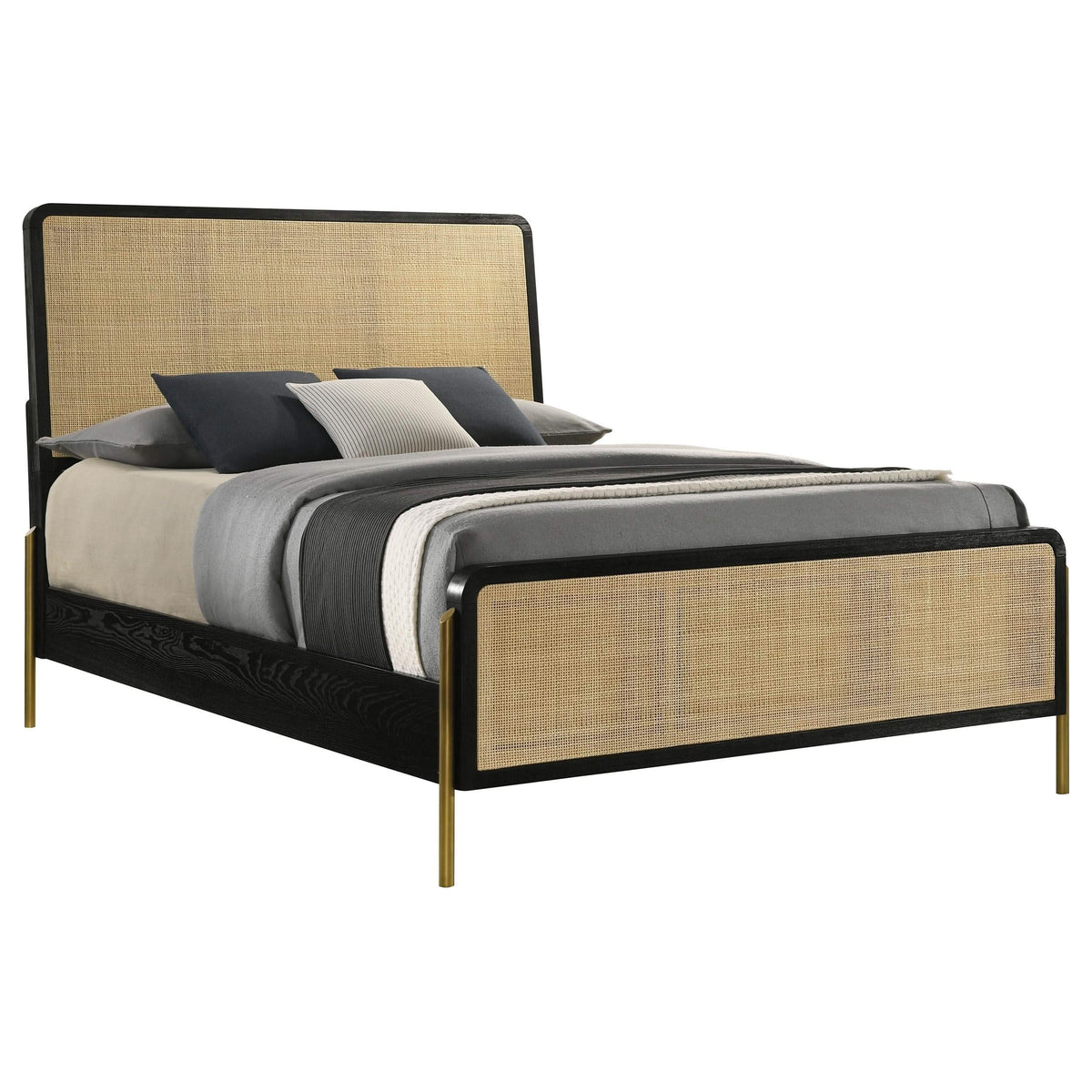 Cama Queen con paneles de ratán Arini en negro y natural