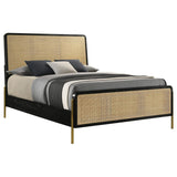 Cama Queen con paneles de ratán Arini en negro y natural