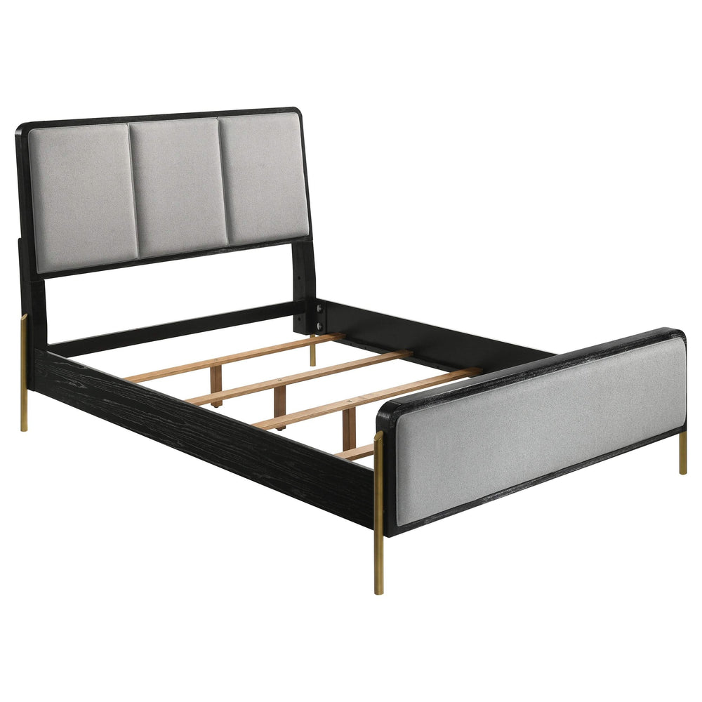 Cama Arini tapizada con paneles en color negro y gris