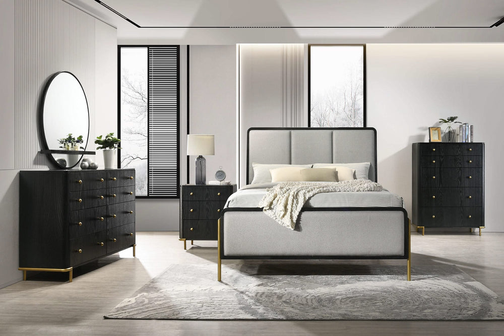 Cama Arini tapizada con paneles en color negro y gris