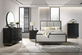 Cama Arini tapizada con paneles en color negro y gris