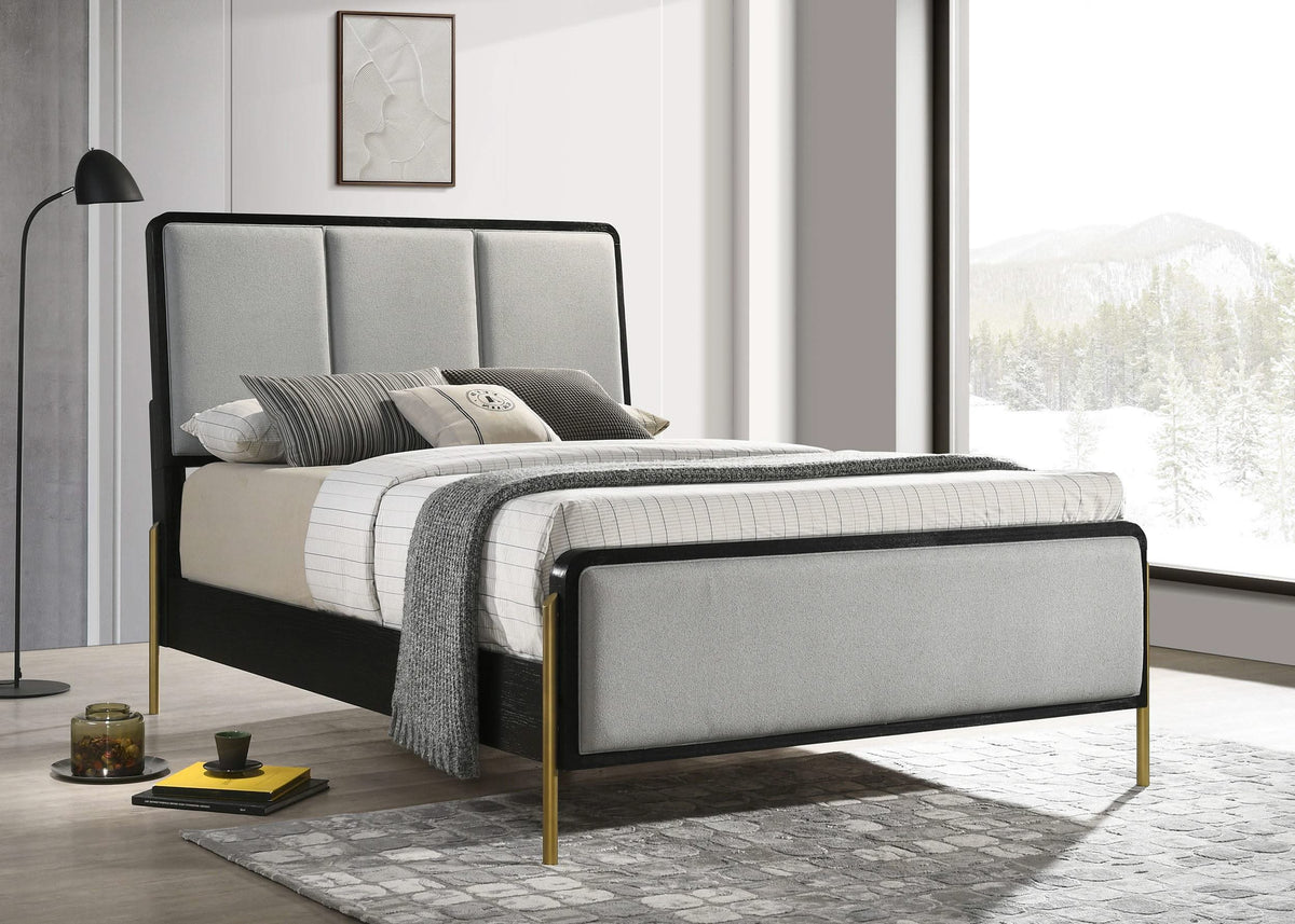 Cama Queen tapizada Arini con paneles en negro y gris
