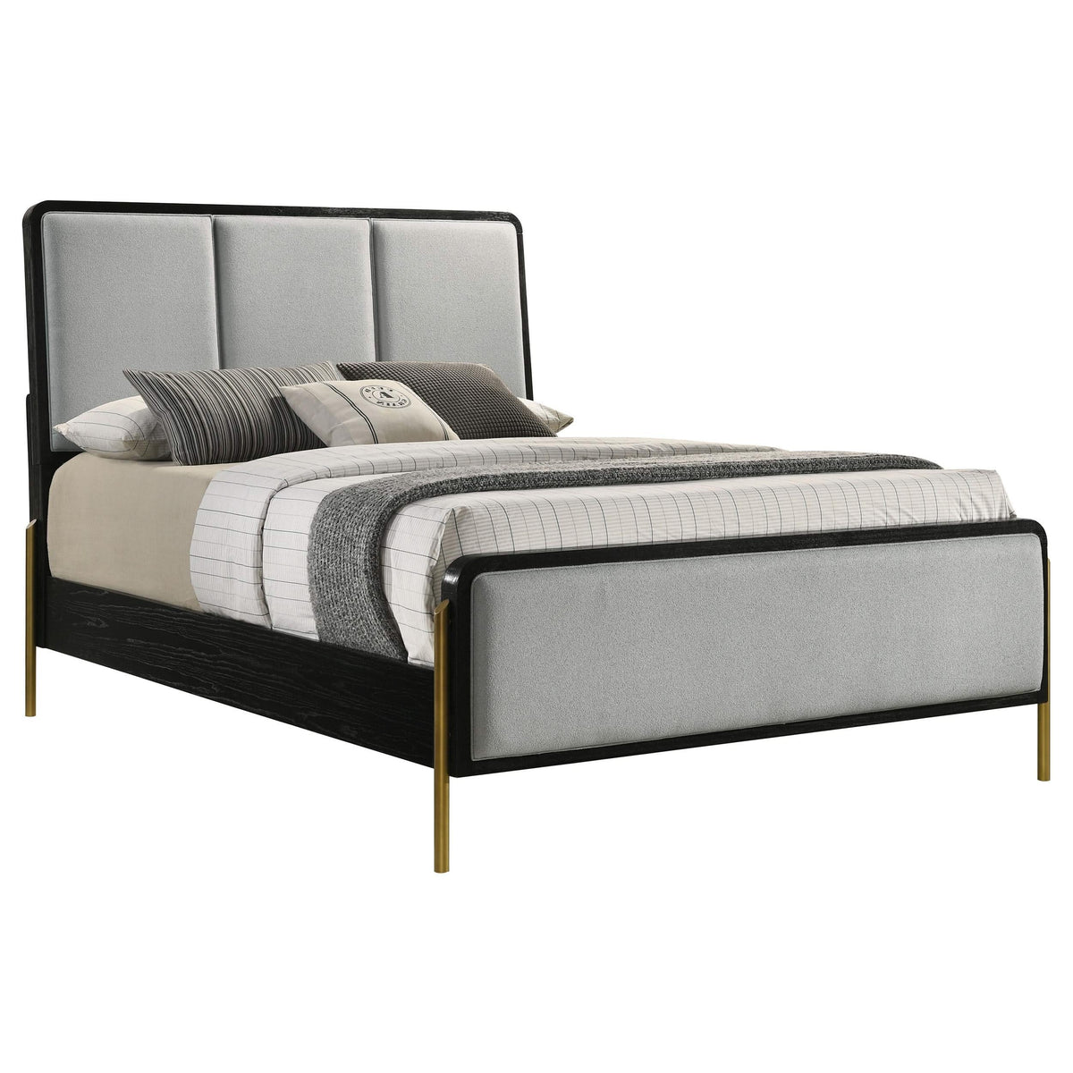 Cama Queen tapizada Arini con paneles en negro y gris