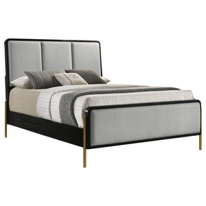 Cama Queen tapizada Arini con paneles en negro y gris
