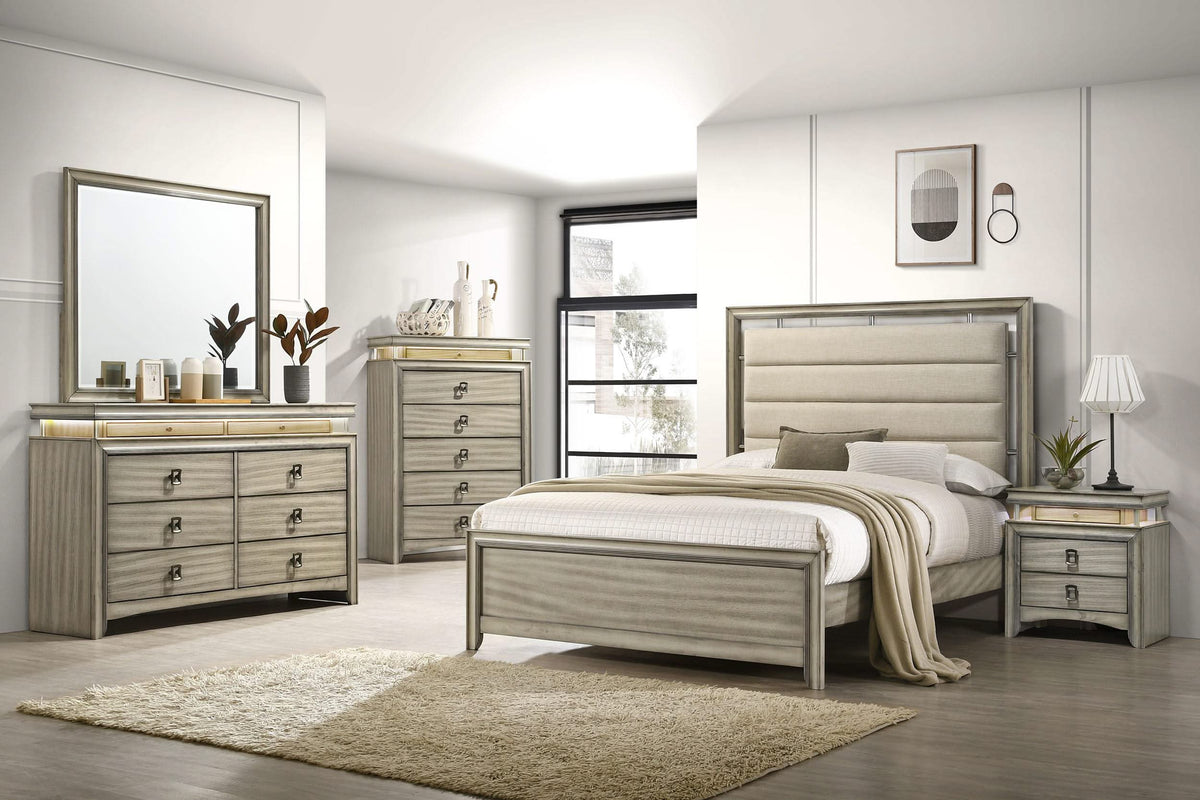 Cama King con paneles Giselle Wood, estilo oriental, color beige rústico