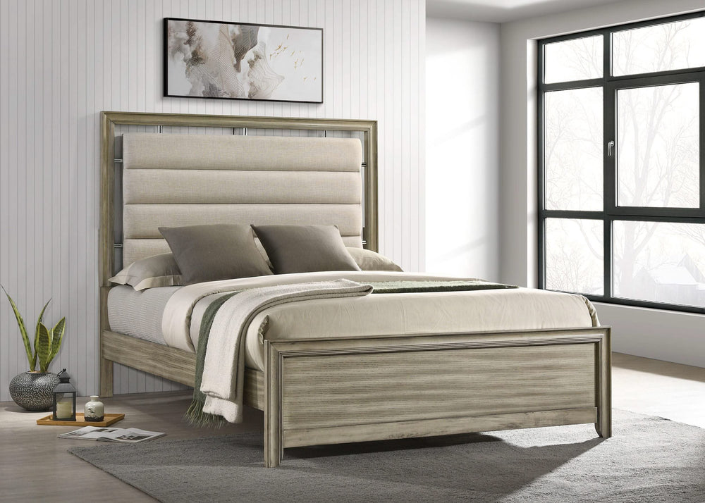 Cama California King con paneles Giselle Wood, color beige rústico