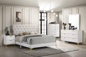 Cama Queen tapizada Kendall con paneles blancos