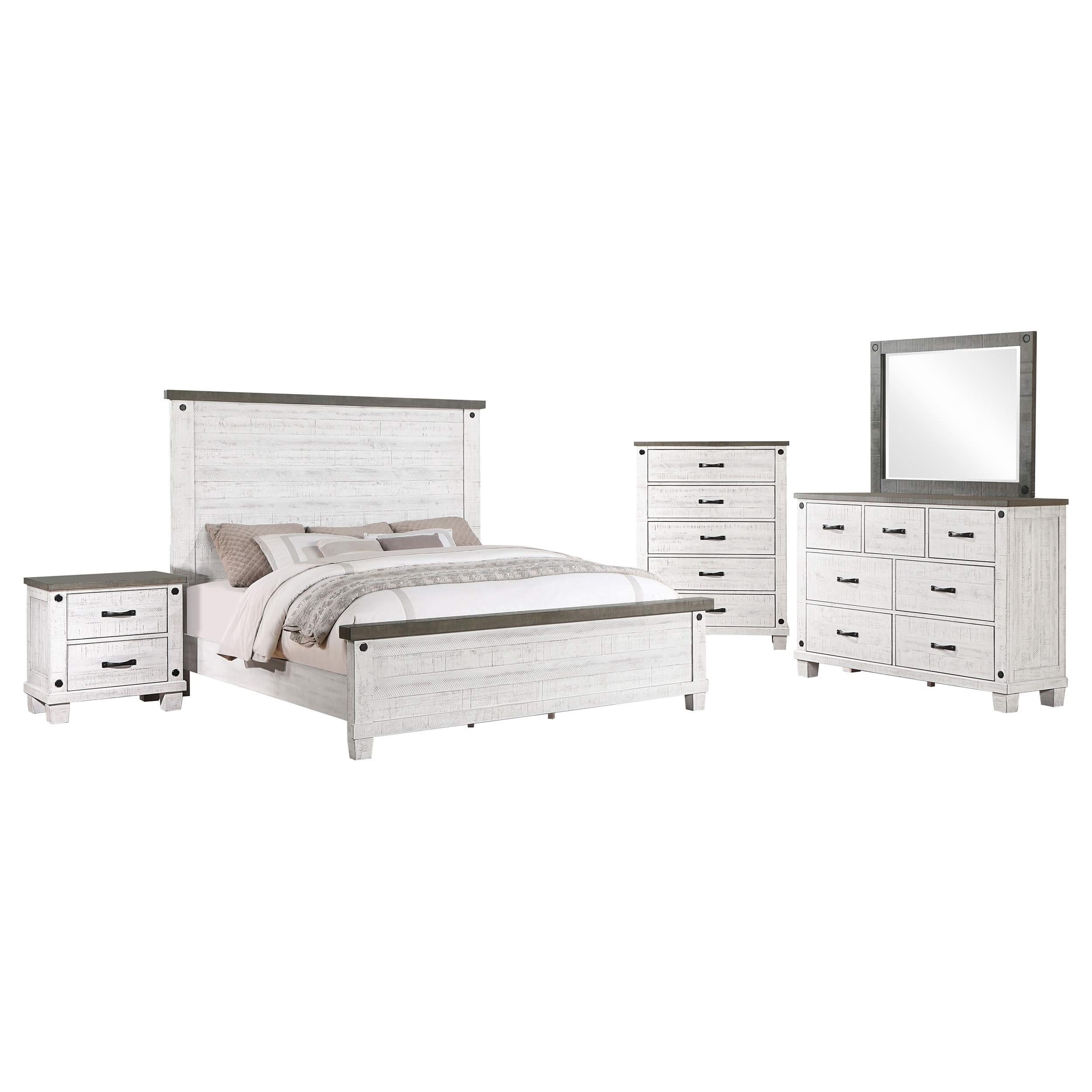 Juego de dormitorio Lilith de 5 piezas con cama tamaño king en color blanco desgastado