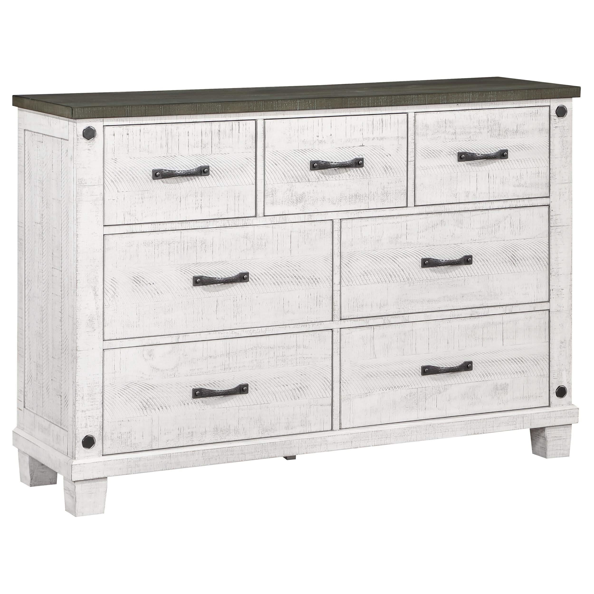 Juego de dormitorio Lilith de 5 piezas con cama tamaño king en color blanco desgastado