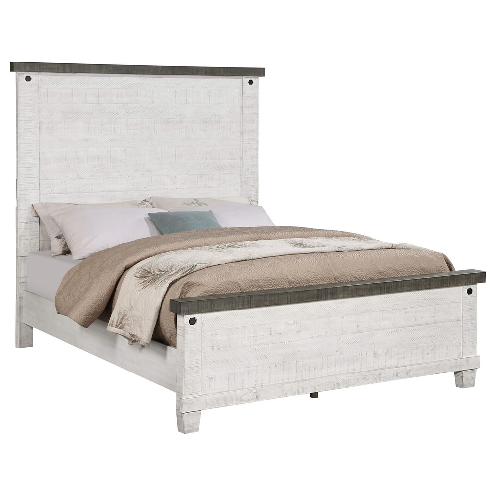 Cama Lilith Wood Eastern King con paneles en blanco envejecido