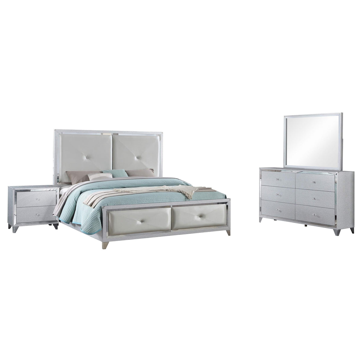 Juego de dormitorio Larue California King de 4 piezas, color plateado