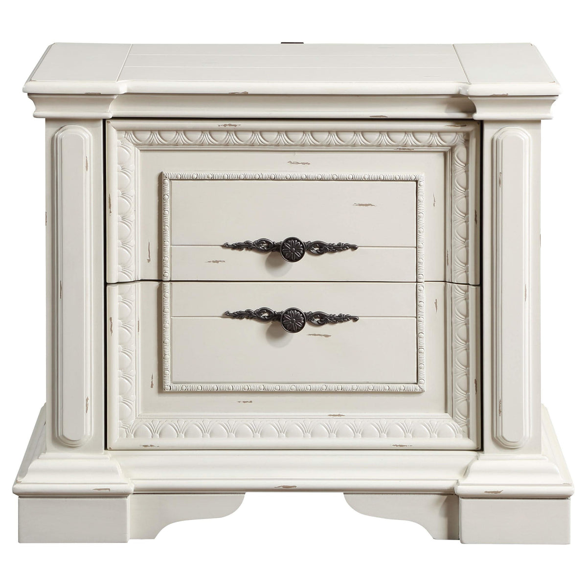 Juego de dormitorio Evelyn de 5 piezas Eastern King con iluminación en la cabecera, blanco antiguo