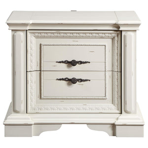 Juego de dormitorio Evelyn de 5 piezas Eastern King con iluminación en la cabecera, blanco antiguo