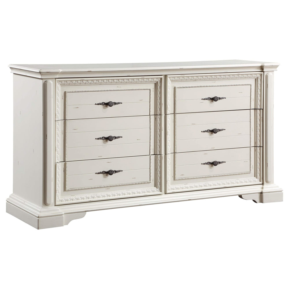 Juego de dormitorio Evelyn de 5 piezas Eastern King con iluminación en la cabecera, blanco antiguo