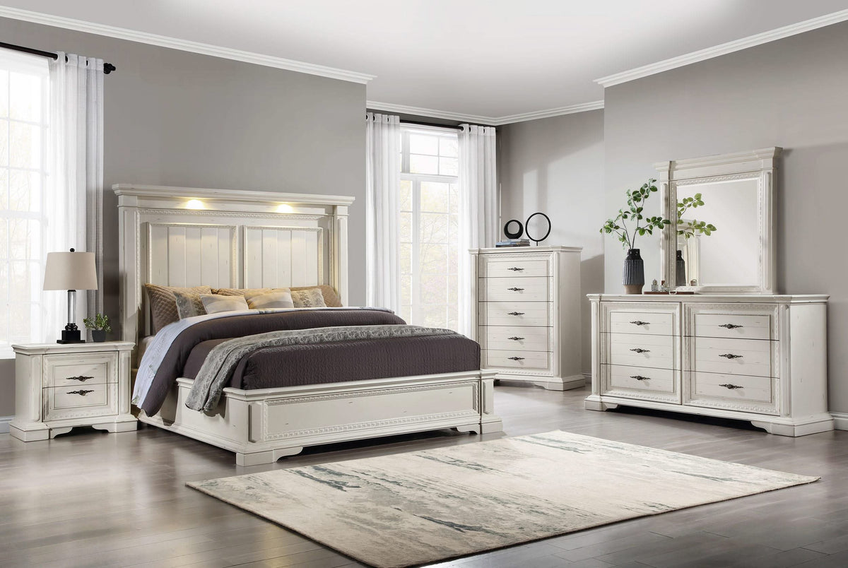 Juego de dormitorio Evelyn de 5 piezas con cabecera iluminada en blanco antiguo