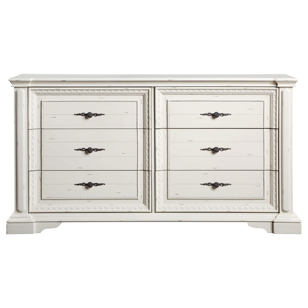 Juego de dormitorio Evelyn de 5 piezas con cabecera iluminada en blanco antiguo