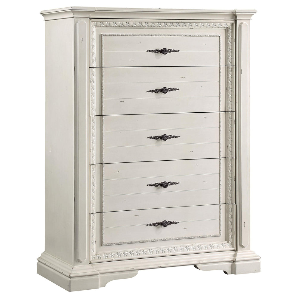 Juego de dormitorio Evelyn de 5 piezas con cabecera iluminada en blanco antiguo