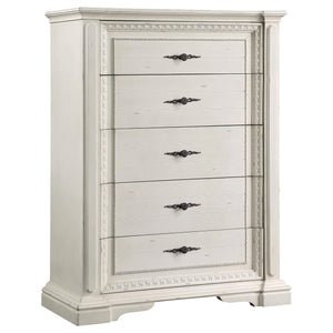 Juego de dormitorio Evelyn de 5 piezas con cabecera iluminada en blanco antiguo