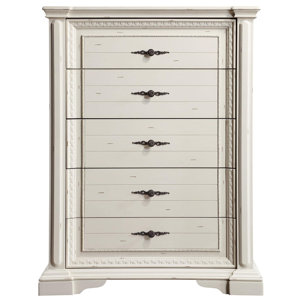 Juego de dormitorio Evelyn de 5 piezas con cabecera iluminada en blanco antiguo