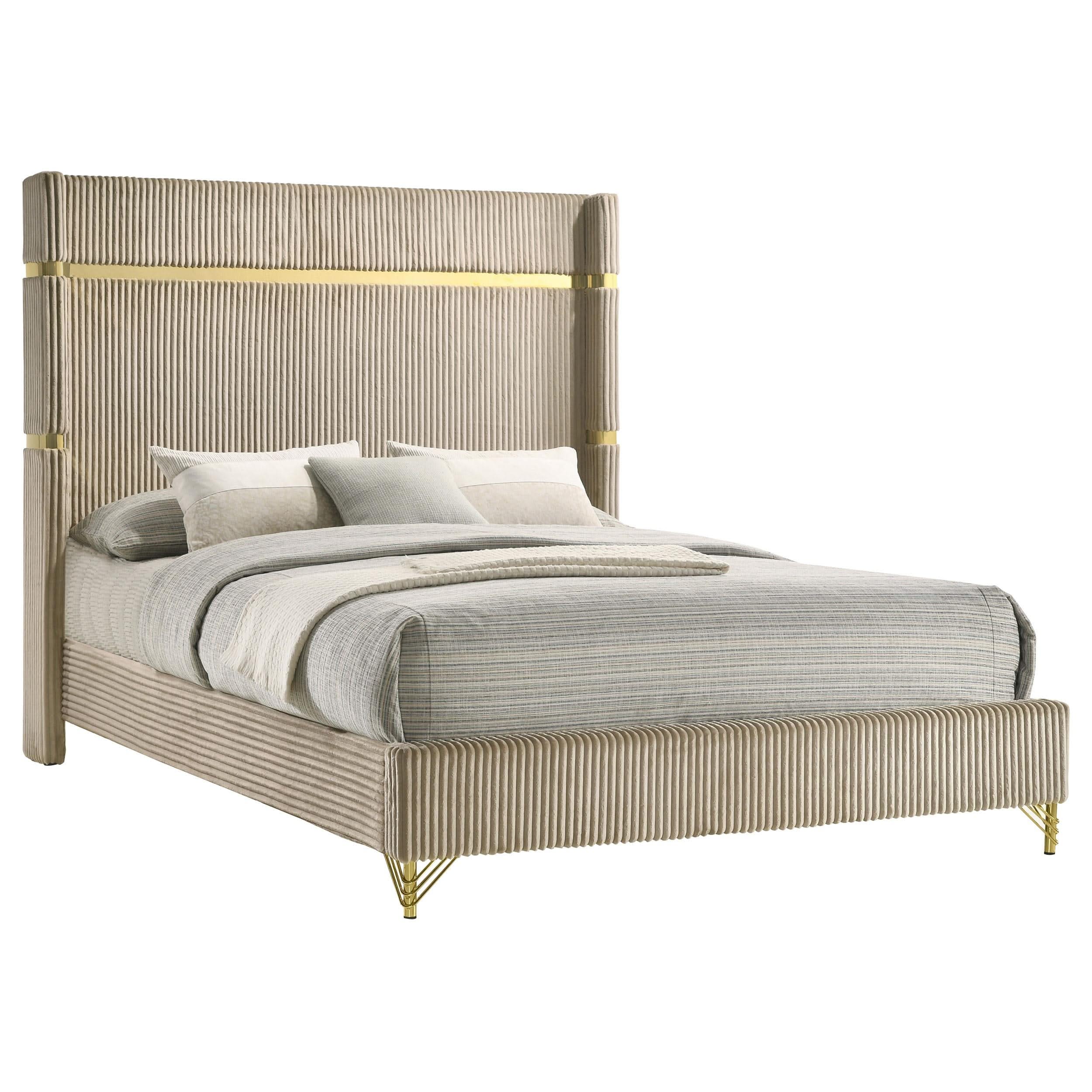 Cama Lucia de 61 pulgadas tapizada con respaldo alto, tamaño king, color beige