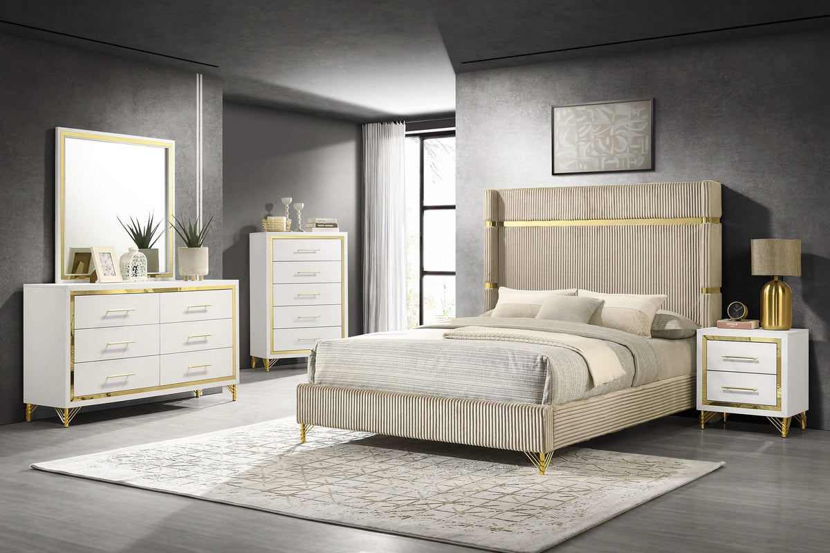 Cama Lucia de 61 pulgadas tapizada con respaldo alto, tamaño king, color beige
